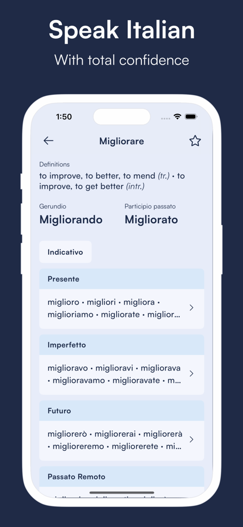 Vurbit: Learn Italian Fast - Mobile app screen showing the conjugation of the Italian verb migliorare in multiple tenses