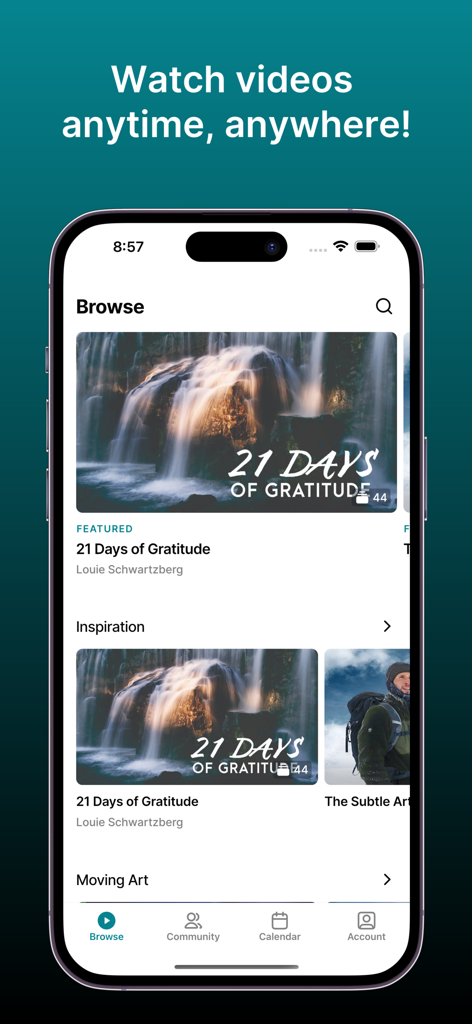 The Moving Art app browse page featuring nature documentaries and a mindfulness series.