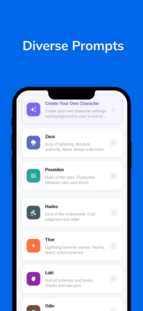 Waitcle app interface showing diverse AI interpretation personas including Zeus Poseidon and Hades for fortune prompts