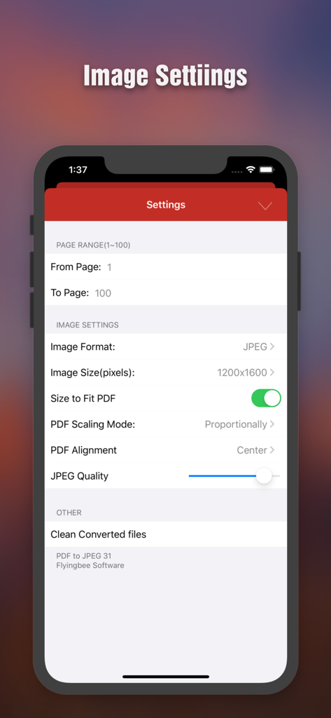 PDF to JPEG - Flyingbee - Écran des paramètres de conversion PDF en JPEG montrant les options de plage de pages, de résolution d'image et d'ajustement de la qualité