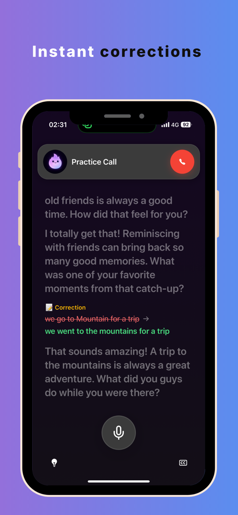 Nuva - English Tutor - Interfaz de Nuva English Tutor mostrando correcciones de gramática en tiempo real durante una llamada de práctica con IA.