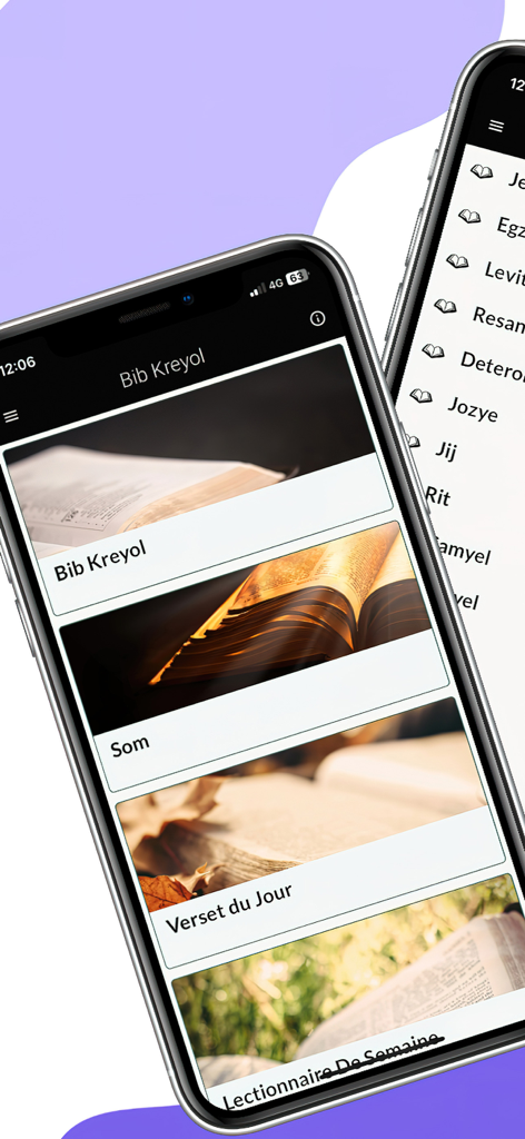 Bib Kreyol - Telas do aplicativo móvel Bib Kreyol mostrando o menu principal e a lista de livros da Bíblia em crioulo haitiano