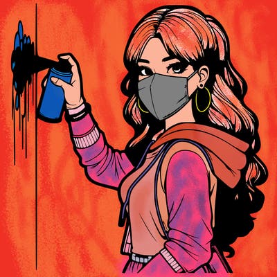 realistic girl with mask spray painting a wall