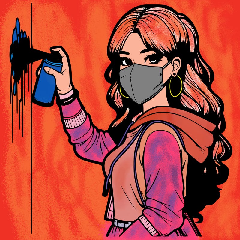 realistic girl with mask spray painting a wall