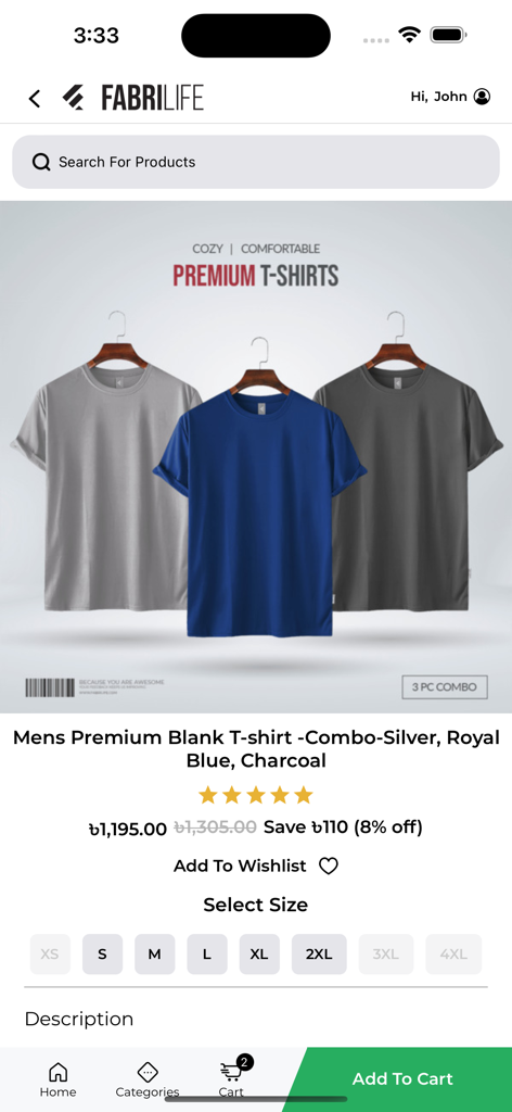 Fabrilife mobile app interface displaying a product page for a 3-pack of men's premium blank t-shirts in silver, royal blue, and charcoal