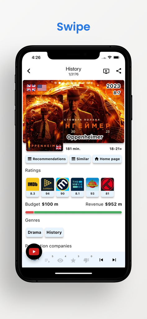 App interface displaying movie details for Oppenheimer with multiple platform ratings and box office data.