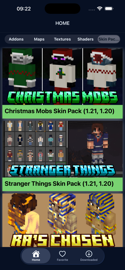 Mobile app interface showing a list of curated Minecraft skin packs including Christmas and Stranger Things themes