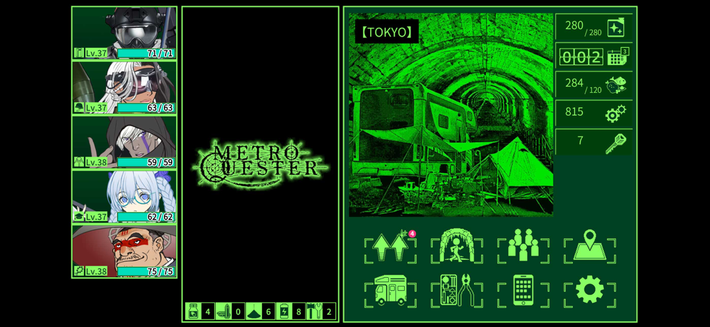 METRO QUESTER - Hack & Slash - Green monochrome gameplay screen of Metro Quester RPG showing party members and Tokyo camp