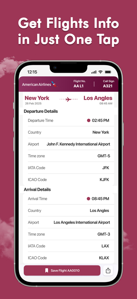 Spot Planes - Flights tracker - Una pantalla móvil que muestra información detallada de salida y llegada de vuelos para un viaje de Nueva York a Los Ángeles en la aplicación Spot Planes.
