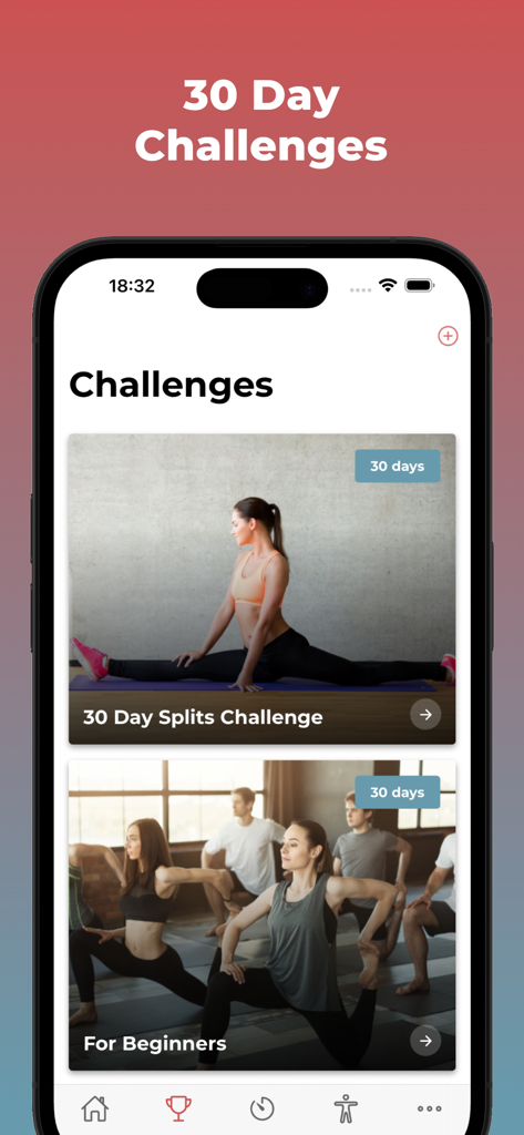 30 Day Splits Challenge - Mobile app home screen for 30 Day Splits Challenge featuring various flexibility and beginner stretching programs