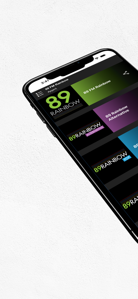 Interface of the 89 FM Rainbow app showing different radio channels like Alternative and Pop