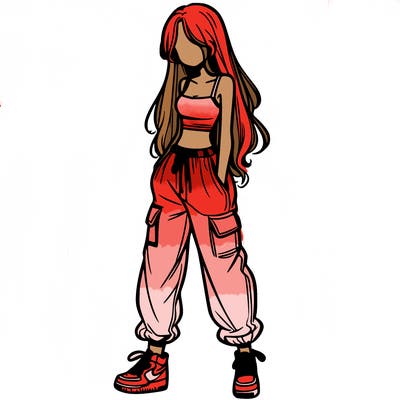 girl in baggy pants crop top and long hair