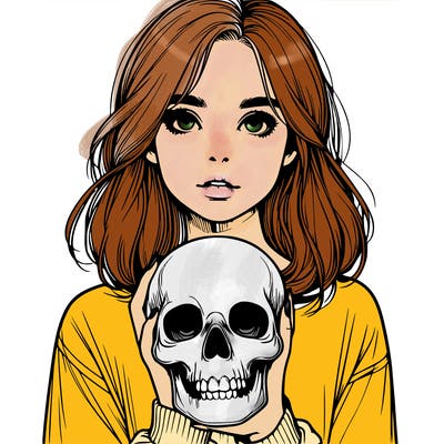 realistic girl holding a skull