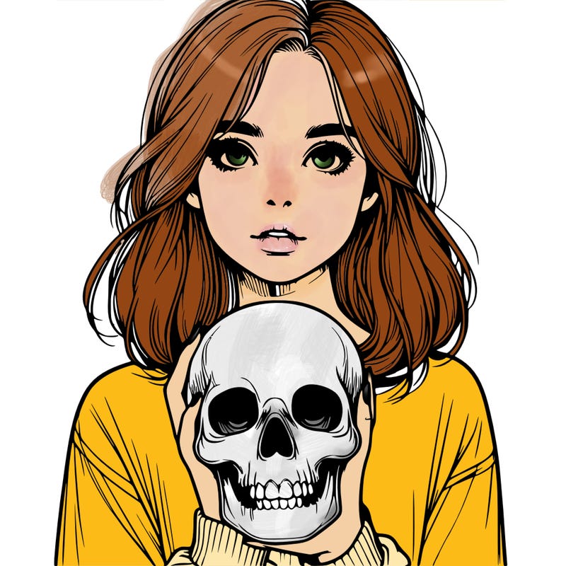 realistic girl holding a skull