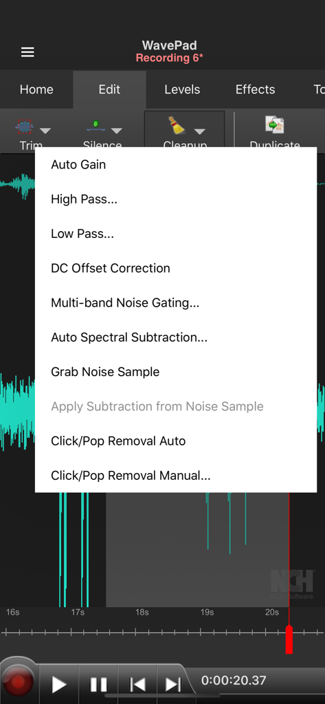 WavePad Music and Audio Editor - Interface of WavePad audio editor showing professional cleanup tools including noise gating and spectral subtraction