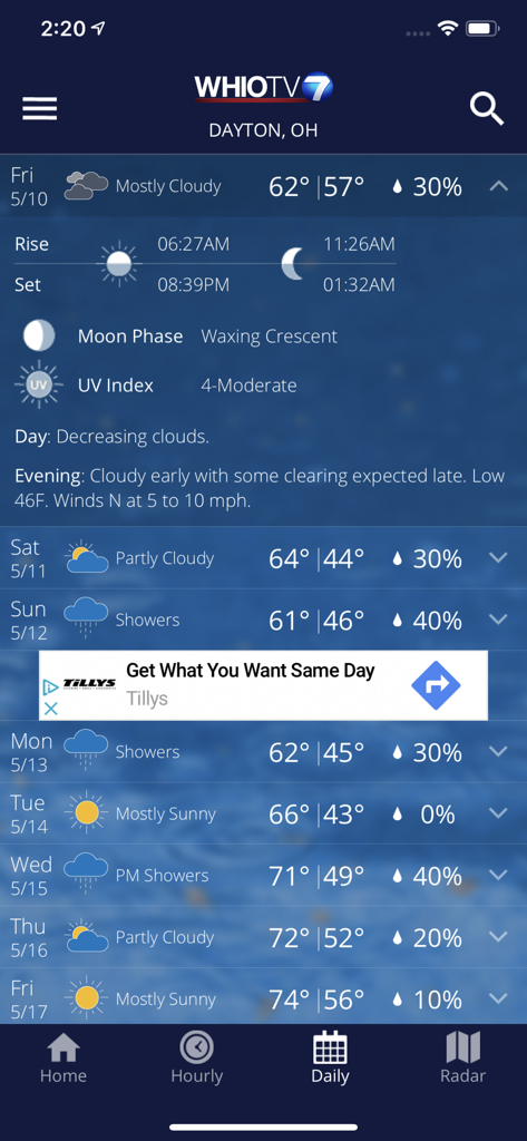 Daily weather forecast for Dayton Ohio on the WHIO app