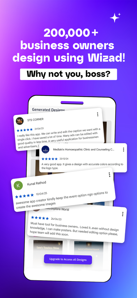 Wizad: AI Posters and Videos - Una pantalla de smartphone que muestra reseñas positivas de usuarios y la afirmación de que más de 200.000 dueños de negocios utilizan Wizad para diseños de IA.