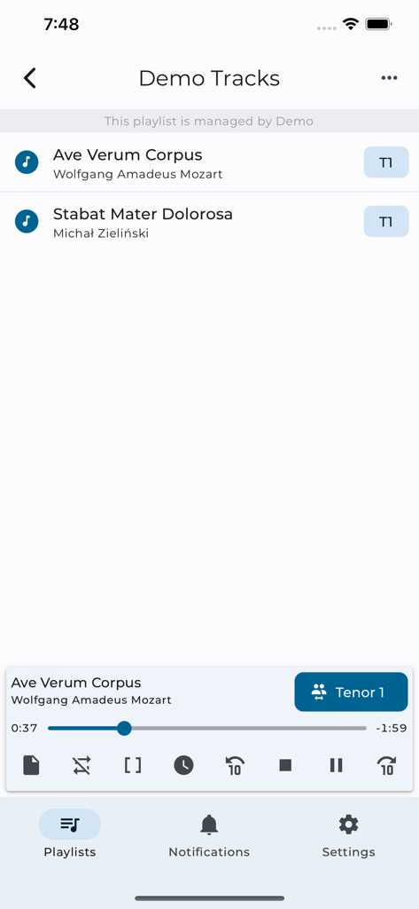 Screenshot of the Choir app showing a list of demo tracks and an integrated music player for practicing choral parts.