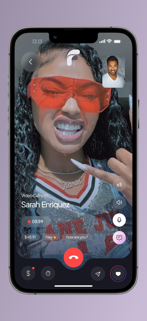 Smartphone screen showing a paid video call on the Finsta app between a user and a creator
