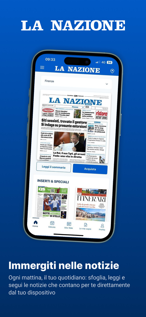 Tela de smartphone mostrando a página inicial do aplicativo de jornal LA NAZIONE com a capa da edição de Florença e seções de notícias locais.