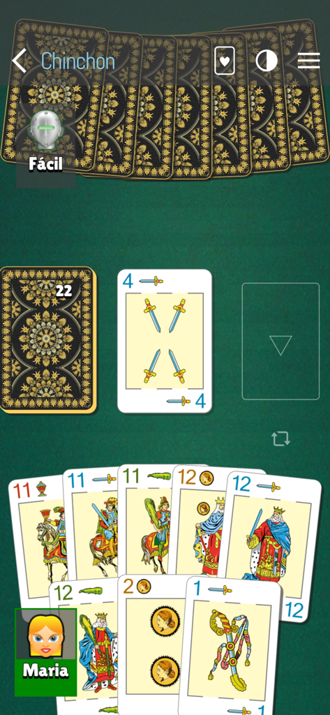Interfaz móvil del juego de cartas Chinchón con una baraja española