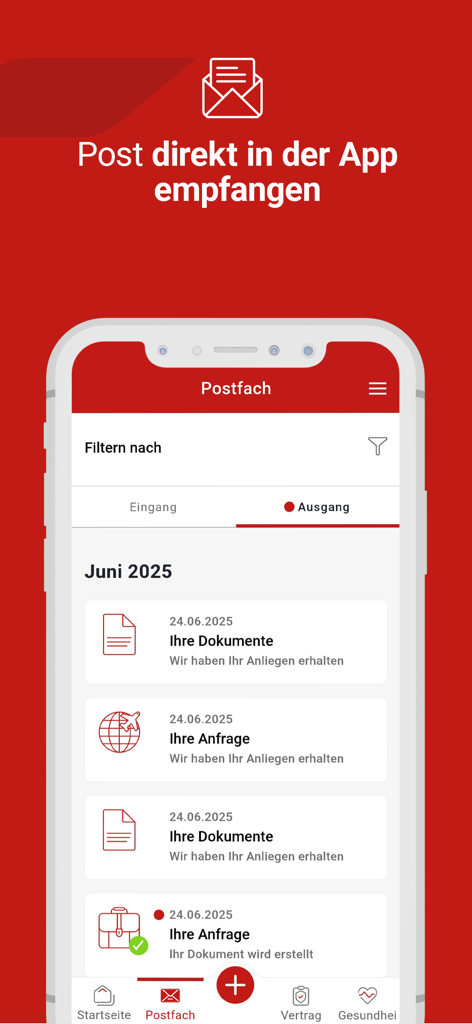 Screenshot of the digital mailbox feature in the Generali health app showing insurance documents and status updates