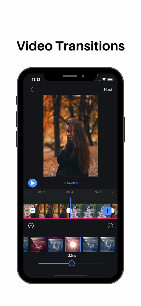 Video Editor : Video Maker，Cut - Interfaz de la aplicación móvil Video Editor que muestra la función de transiciones de vídeo con una línea de tiempo y opciones de efectos