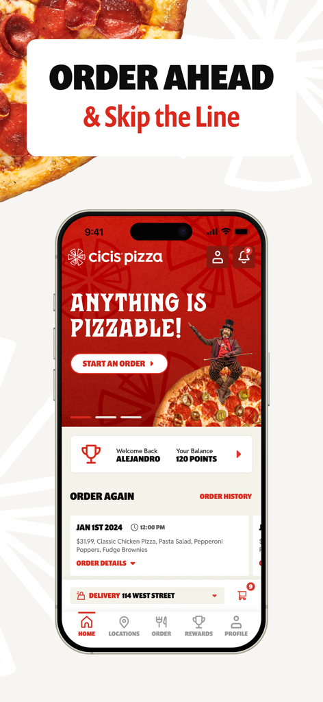 Pantalla de inicio de la aplicación móvil Cicis Pizza con el botón de pedido anticipado y el saldo de recompensas del usuario