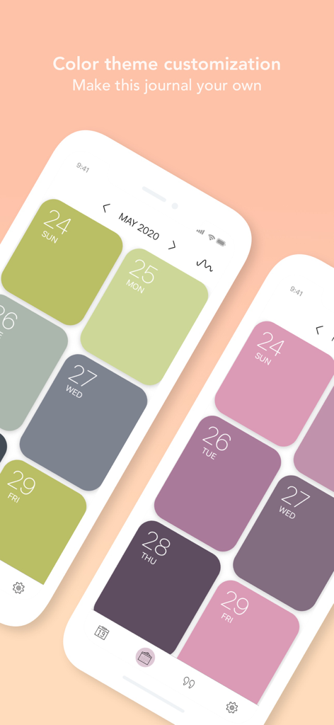 Morning! - Gratitude Journal - Zwei Telefonbildschirme, die verschiedene Farbthemen für die Kalenderoberfläche der Morning! Dankbarkeitstagebuch-App zeigen