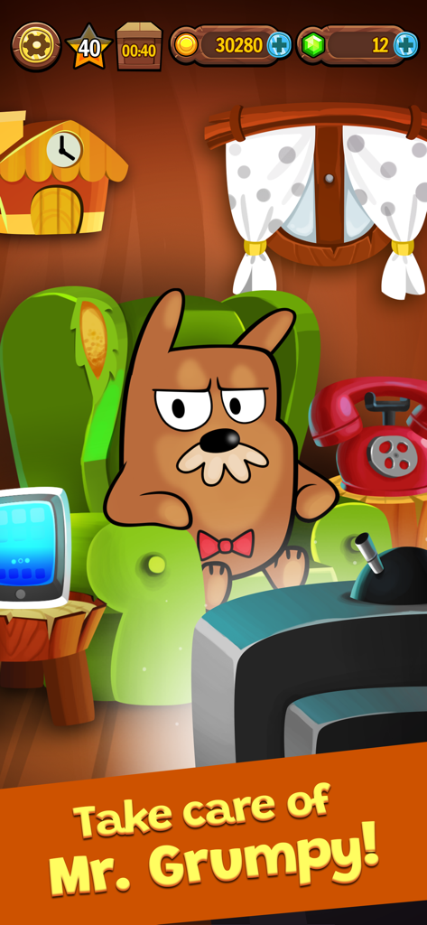 My Grumpy: Pranks & Reactions - Mr. Grumpy sitting in a green armchair in his living room with a red phone and a television.
