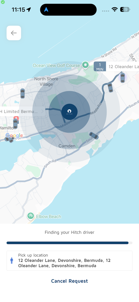 Hitch Bermuda Driver app interface showing a map of Bermuda with taxi locations and a finding driver status
