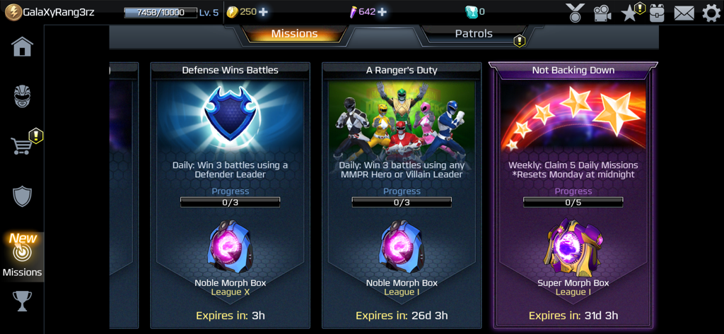 In-game mission menu screen for Power Rangers Legacy Wars showing various daily and weekly challenges and rewards.