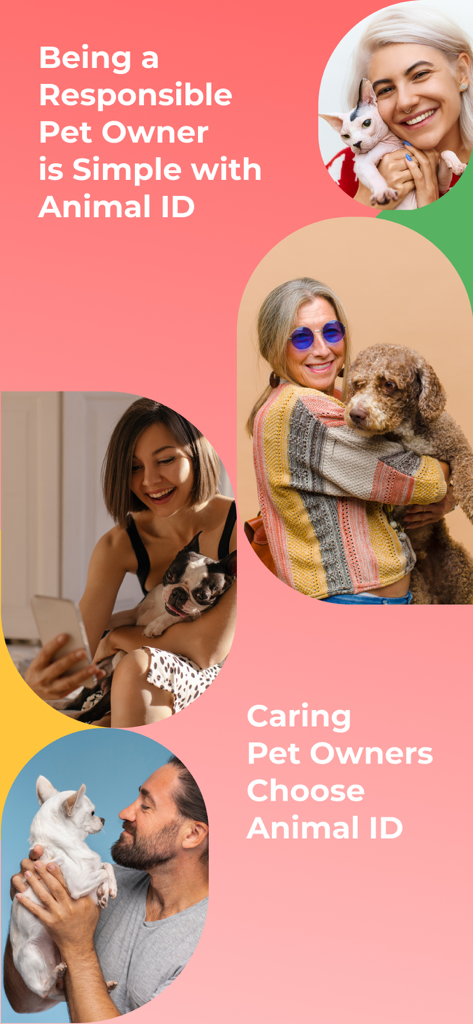 Um grupo de tutores de pets felizes segurando seus cães e gatos com texto promovendo a posse responsável de pets através do Animal ID.