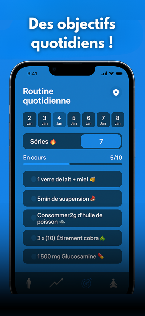 Grandir - Maximise ta taille - Interface of the Grandir app displaying a daily checklist of growth habits including nutrition and exercises