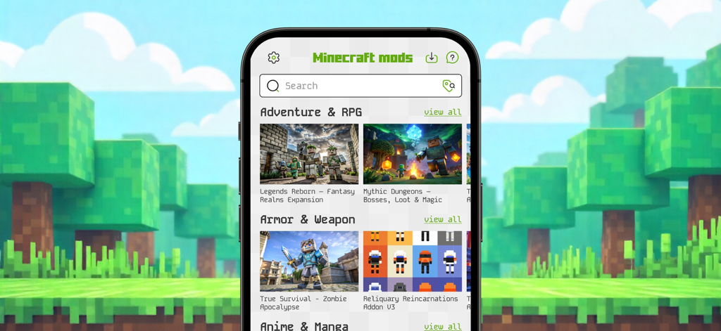 Mods for Minecraft PE ㅤ - Interface de l'application Mods pour Minecraft PE montrant les catégories aventure, RPG, armure et armes
