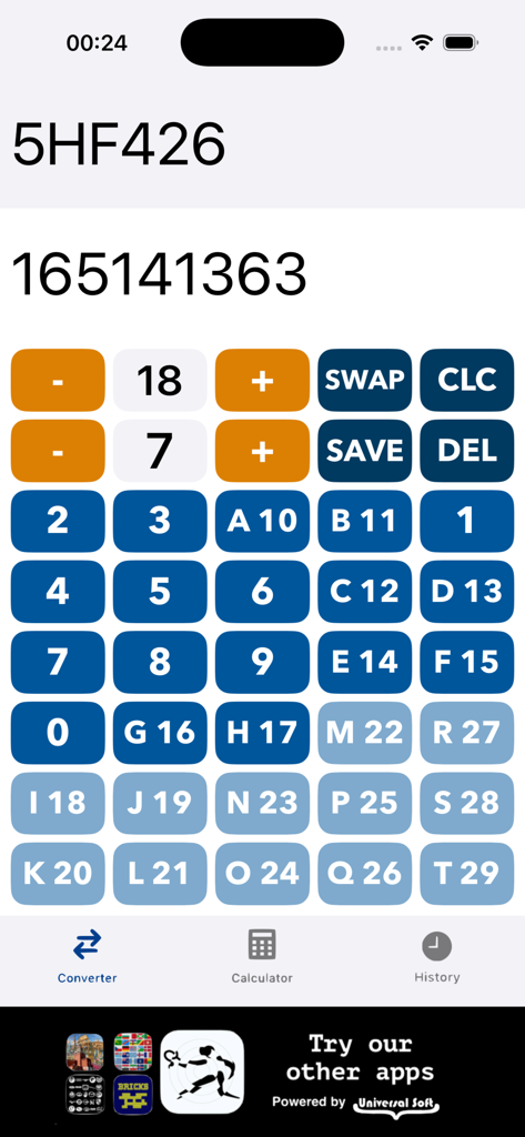 Programming Calculator interface showing number base conversion