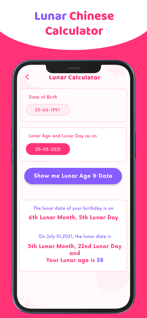 Baby Gender Reveal & Predictor - 임신 중 달력 나이 및 날짜 계산을 보여주는 중국 달력 계산기 화면