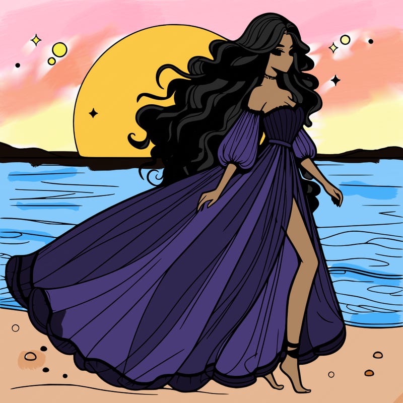 beautiful woman with a vaporous long dress walking on the beach at the noon, detailed art
