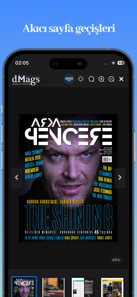 dMags Dijital Dergi Platformu - dMagsアプリがトルコ語の映画雑誌の表紙とナビゲーションコントロールと共に表示されているスマートフォンの画面。