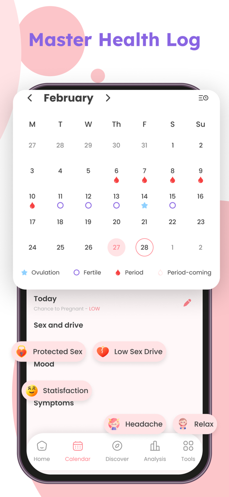 Pantalla de registro de salud de la aplicación Momiary que muestra un calendario del ciclo menstrual y registro de síntomas diarios