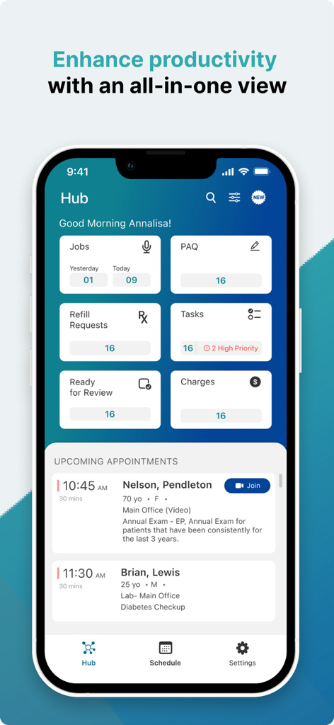 NextGen Mobile Solutions app hub dashboard showing clinical tasks and upcoming patient appointments