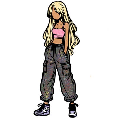 girl in baggy pants crop top and long hair