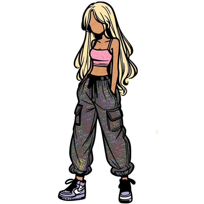 girl in baggy pants crop top and long hair