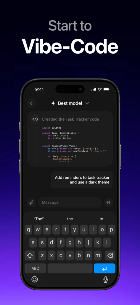 Guide for Lovable ai . - Smartphone screen displaying an AI chat interface for generating app code with Vibe-Code text