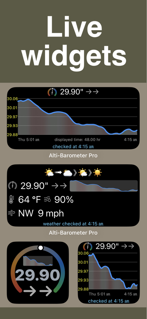 Altimeter & Barometer Pro - Examples of live widgets showing barometric pressure graphs and detailed weather data including temperature and wind speed