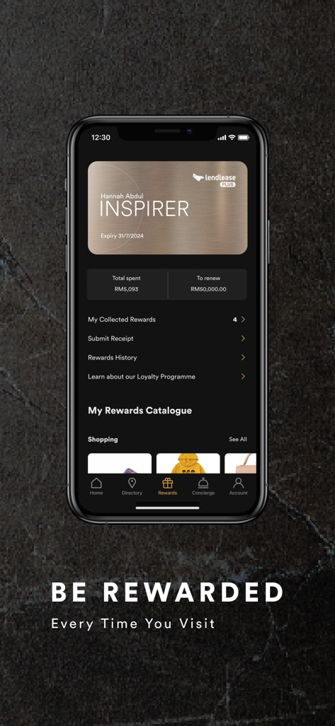 The Exchange TRX - Rewards screen of The Exchange TRX app featuring a digital membership card and loyalty program details.