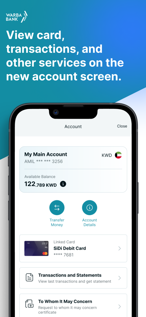 SiDi - Painel da conta do aplicativo móvel SiDi mostrando o saldo disponível e os detalhes do cartão de débito vinculado