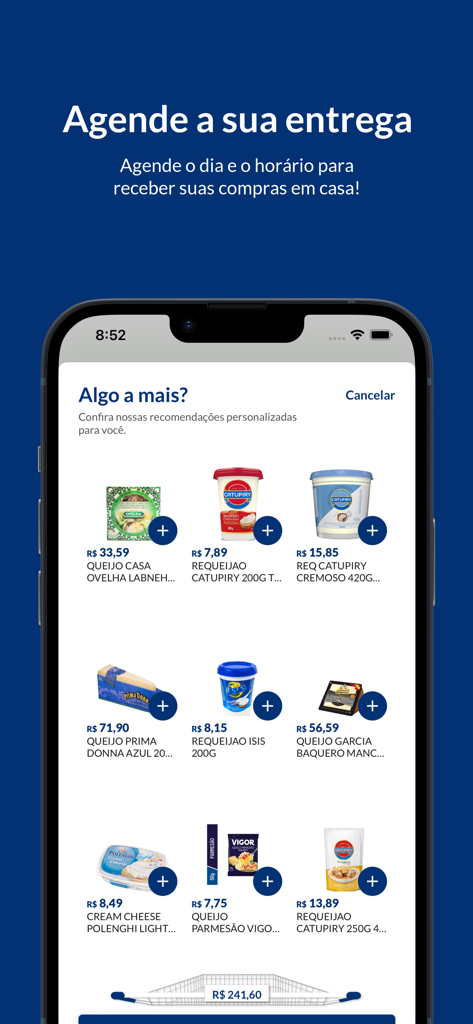 Mercado do Sabor Delivery - Interface of the Mercado do Sabor Delivery app showing Brazilian cheese and dairy products for online shopping.