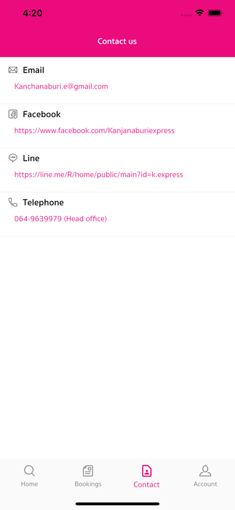 Kontaktseite mit Support-Optionen für die Kanchanaburi Express App, einschließlich E-Mail, Facebook, Line und Telefon