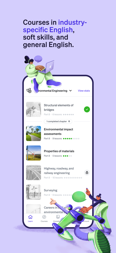 Slang: Professional English - Mobile screen showing Slang app industry-specific English courses for environmental engineering.